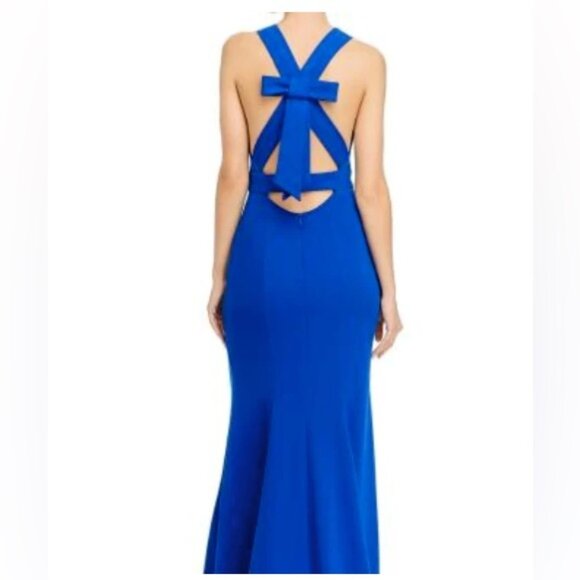 AQUA FORMAL Stretch Bow-Back V Neck Full-Length Formal Evening Gown Dress 0 Blue - Picture 4 of 8